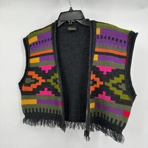 Maison Gabriel Womens Vest L Southwestern Boho Knit Fringe Festival Retro Hippie